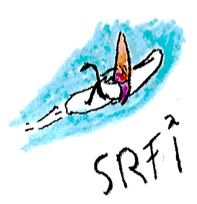 An ink-sketch of a lambda sign riding a windsurf board with an orange and red sail on blue water.