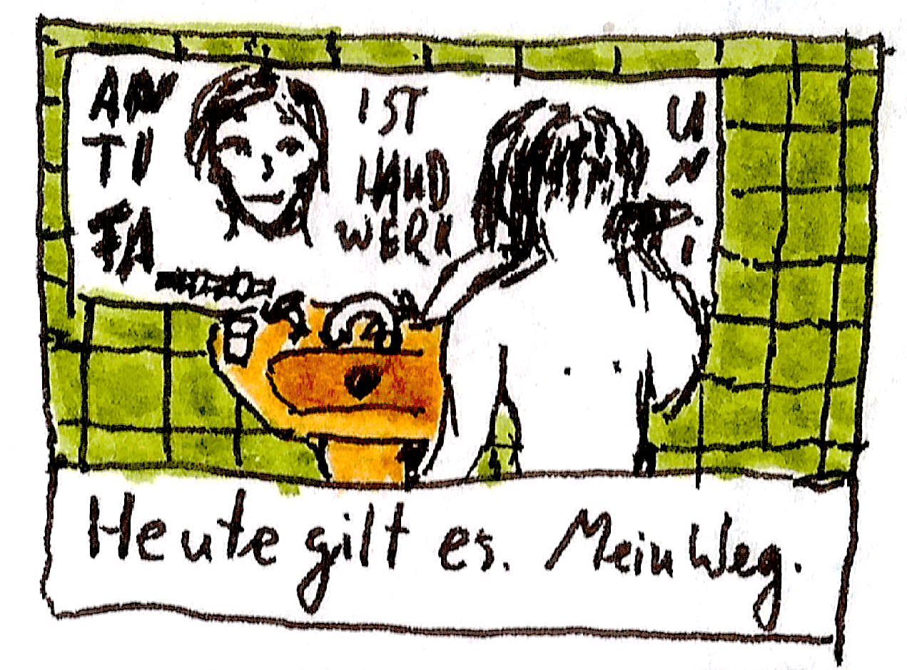 Junger Mann vor Spiegel. Text am Spiegel: ANTIFA ist Handwerk. UNI. Text unten: Heute gilt es. Mein Weg.