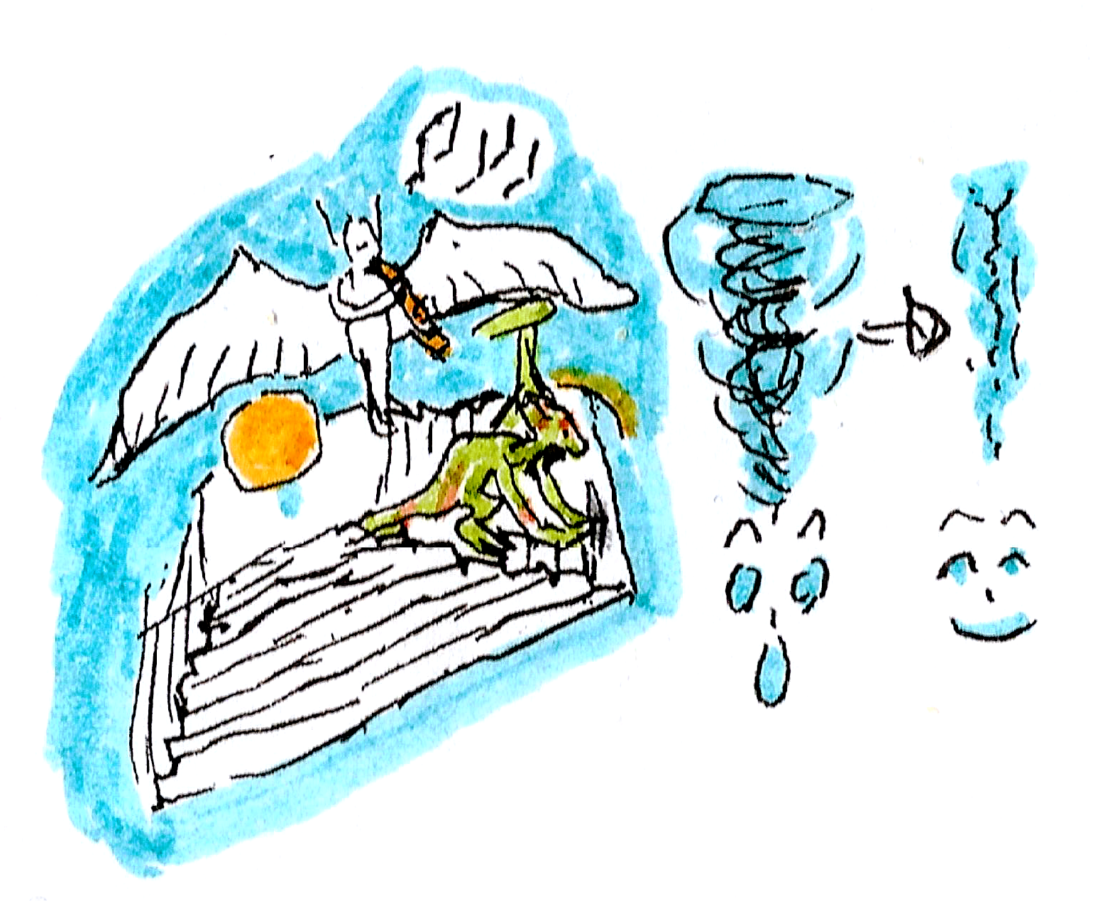 "Ein Windling spielt auf einer Pyramide Flöte, ein T’Skrang legt ein Messer ins Wasser, ein anderer pinkelt ins Wasser. Daneben ist ein Mahlstrom mit wütendem Gesicht darunter und ein Pfeil zu einem ruhigeren Wirbel und freundlichem Gesicht darunter."